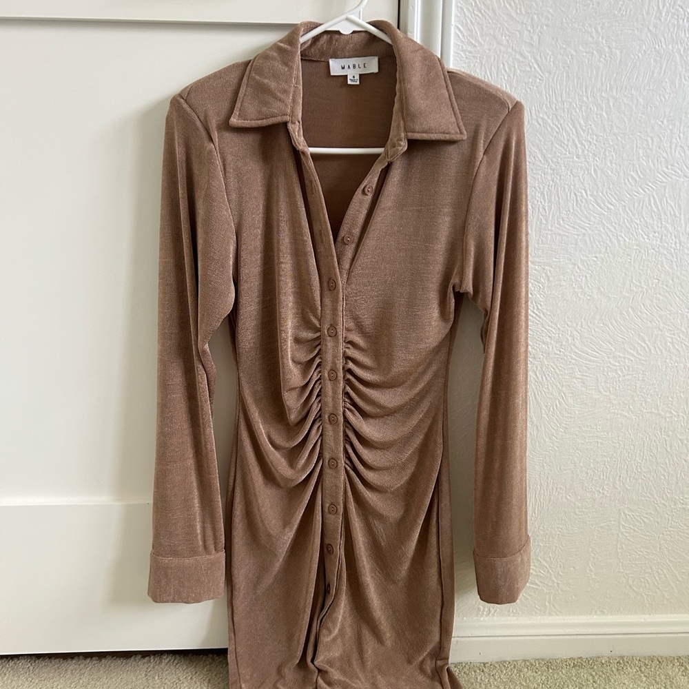 Tan Ruched Button-Down Dress